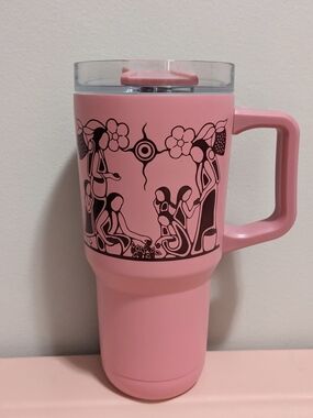 Pink Travel Mug with Indigenous Art